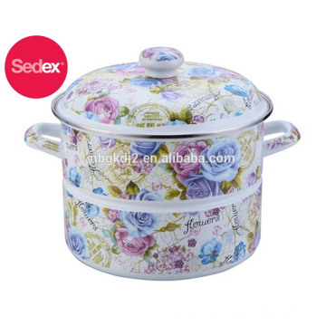 enamel steamer cooker pot with bakelite handle and 24CM Blue Rose Flower Decal Printing